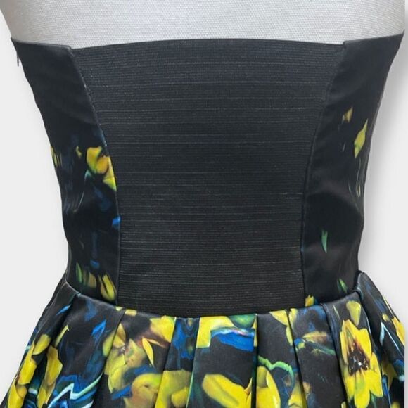 Parker Remi Black & Yellow Floral Satin Strapless Fit N Flare Cocktail Dress 2 - Picture 7 of 9